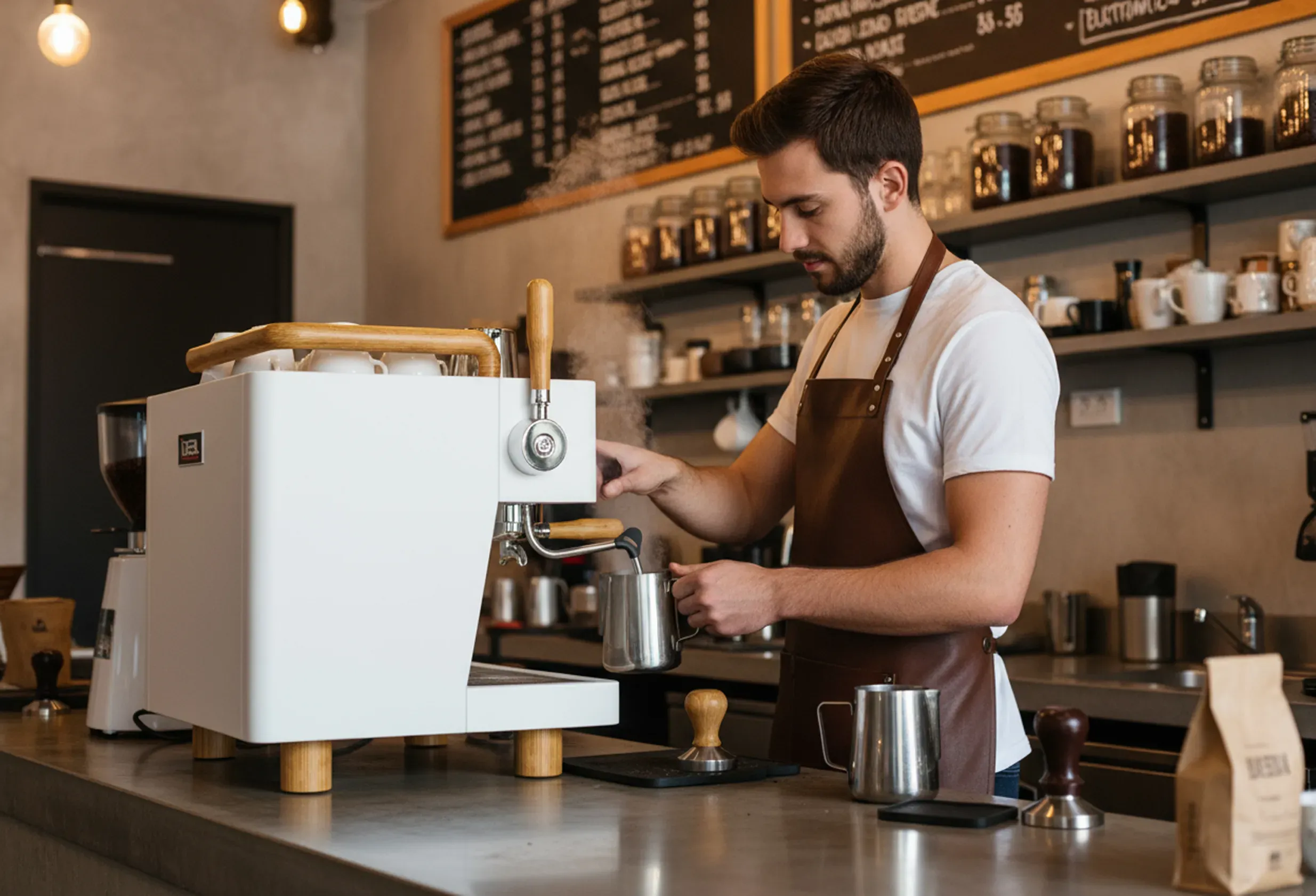 Barista extracting specialty espresso on a commercial multi-boiler cafe coffee machine