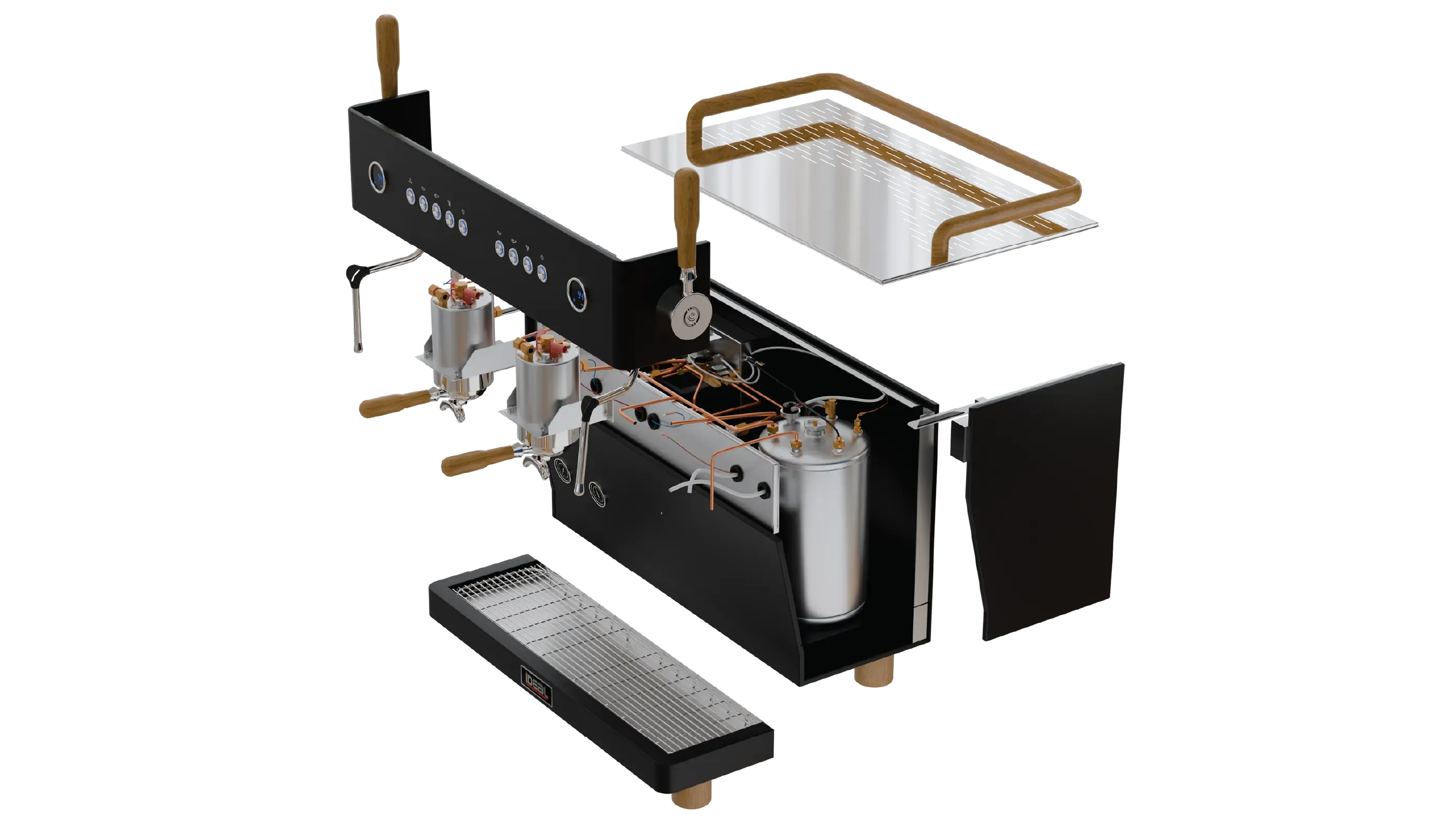 Exploded view of multi-boiler espresso machine