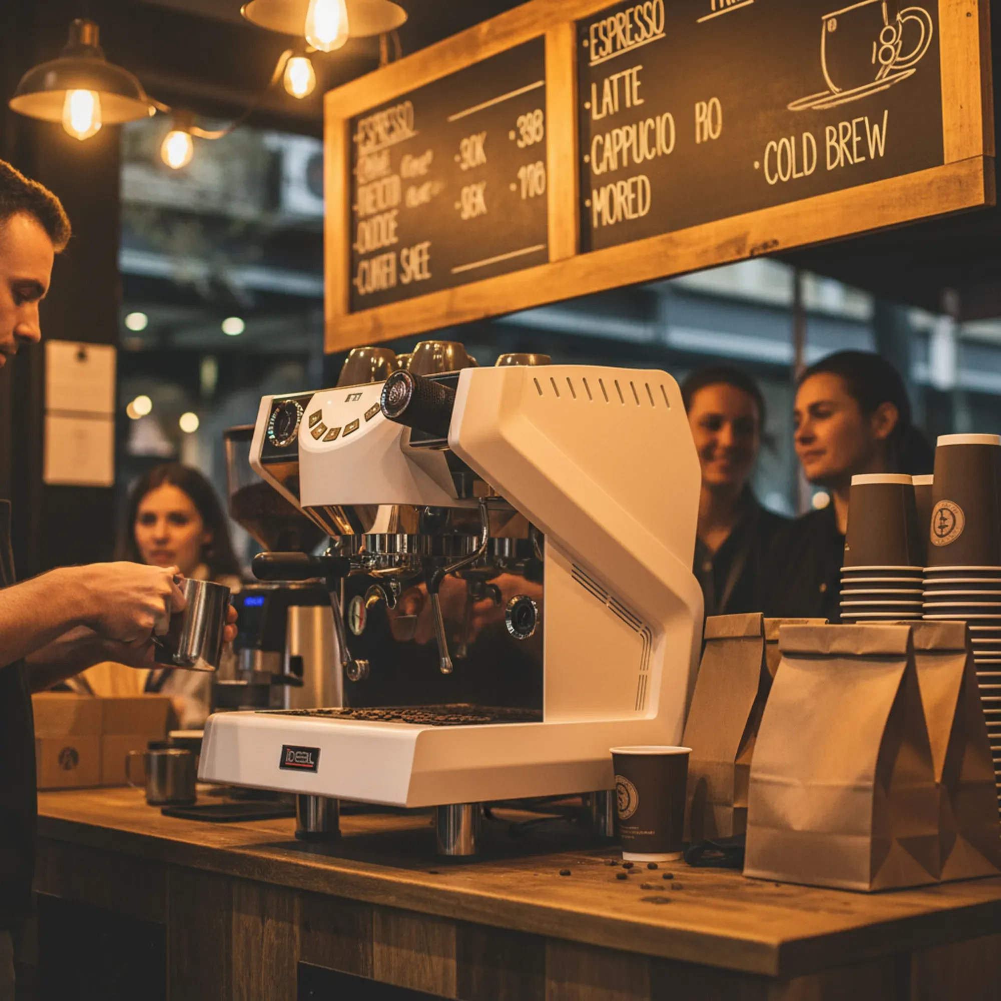 Mobile coffee van and artisanal bakery counter with a compact commercial espresso machine