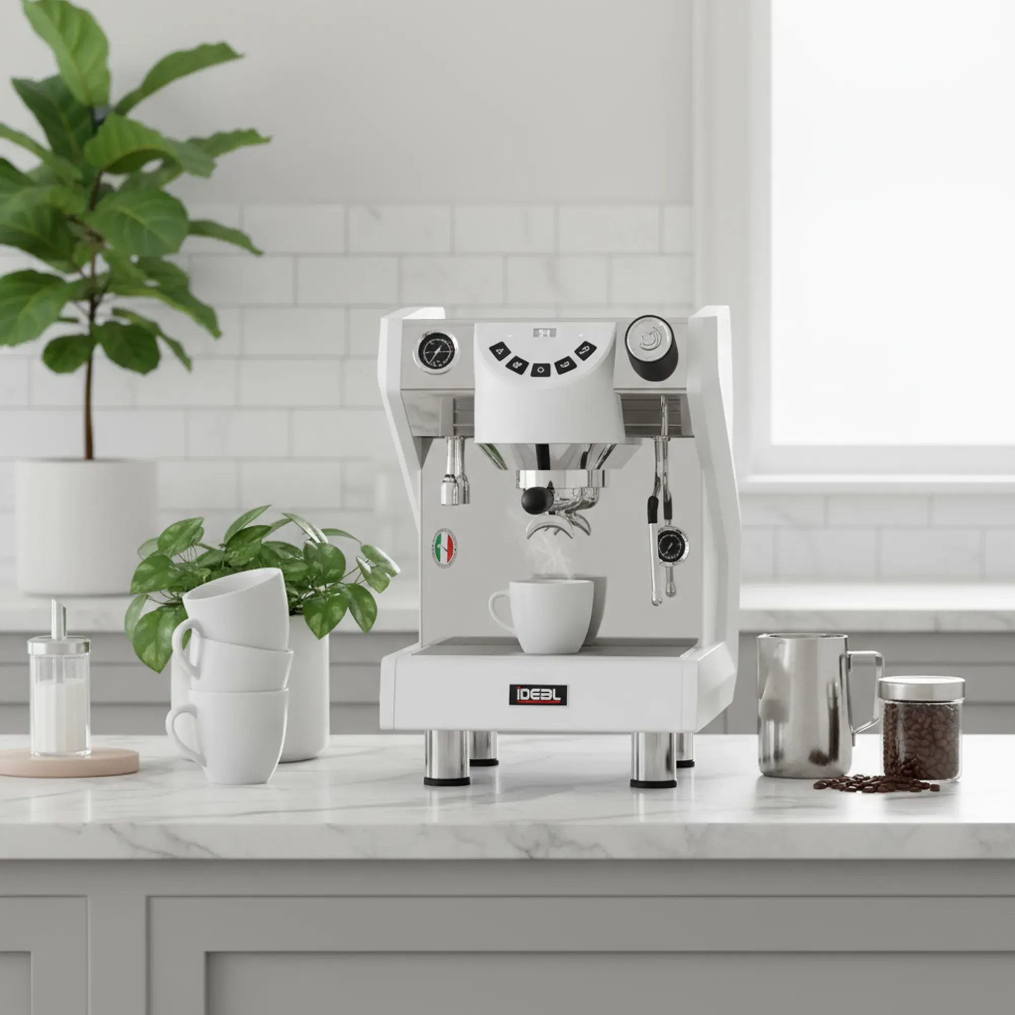 Luxury home kitchen counter with a polished stainless steel prosumer espresso machine