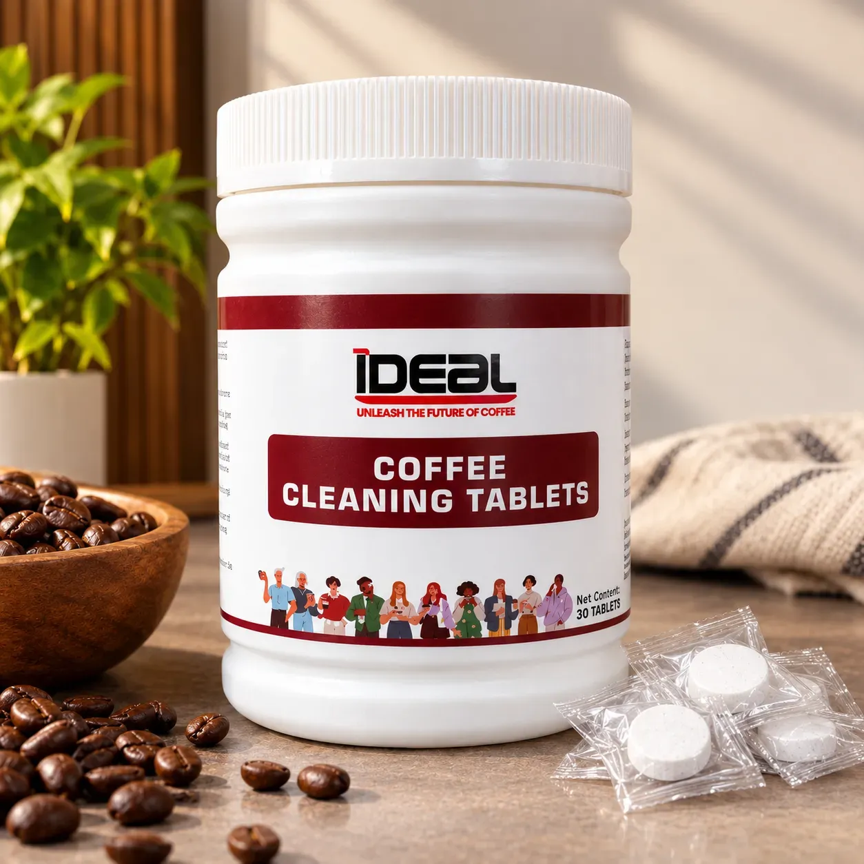 Ideal Coffee Cleaning Tablets jar with 30 individually wrapped tablets